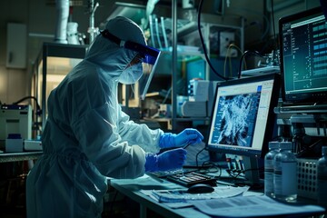 Wall Mural - A researcher in a white protective suit, mask, and gloves, works in a modern laboratory, analyzing data on a computer screen