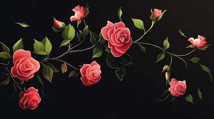 Canvas Print -  rose branch with pink roses on a black background . Anime foliage, anime background