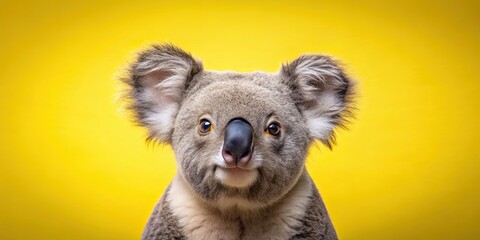 Poster - Cute bush koala calmly looking at the camera on a yellow backdrop, Koala, bush, cute, animal, wildlife, nature, calm