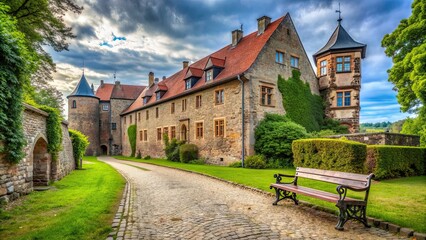 Poster - Old castle in the village with brick path and bench , castle, village, old, brick path, bench, historic, antique