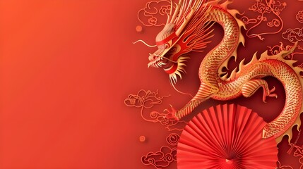 Chinese New Year 2024 banner design on a red background including a paper folding fan and dragon ornamentation.