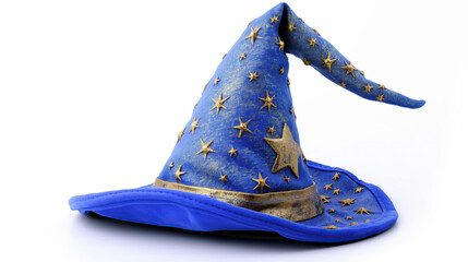 close up on blue wizard sorcerer hat with golden stars prop accessory on white background