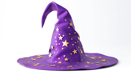 close up on purple wizard sorcerer hat with golden stars prop accessory on white background