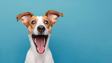 Digital artwork of a funny and excited dog with a shocked expression on a blue background.