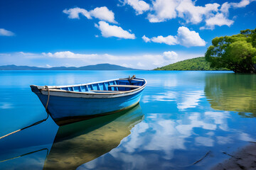 Naklejka na meble Charming Antique Boat Anchored amidst Lush Seascape - A Stunning Capture of Maritime Beauty and Tranquil Seashore