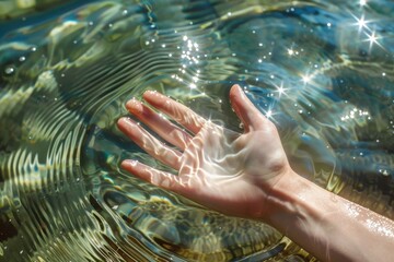 Sunlight shining through a hand immersed in crystal clear water