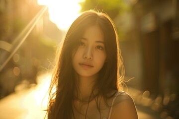 Beautiful asian young woman standing on city street the warm glow of the sun shining down