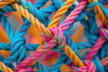 abstract background with interconnected colorful ropes and loose knot elements forming a network pattern