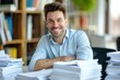 © Ольга Лукьяненко - A smiling businessman with high stack of documents an office bright background