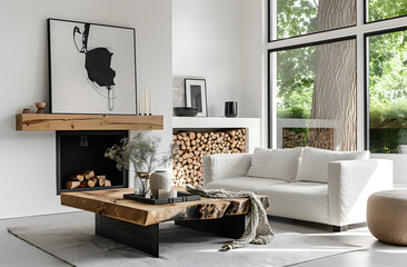 Canvas Print - White modern living room with fireplace