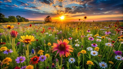 Canvas Print - Vibrant wildflowers sway gently in the breeze amidst a warm, golden light, illuminating a serene prairie meadow at sunset, exuding peacefulness and natural beauty.