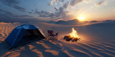 Poster - Desert Camping at Sunset with a Bonfire