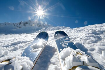 Wall Mural - A pair of skis with high-tech, reflective surfaces, resting on a snowy mountain peak under a bright, clear blue sky