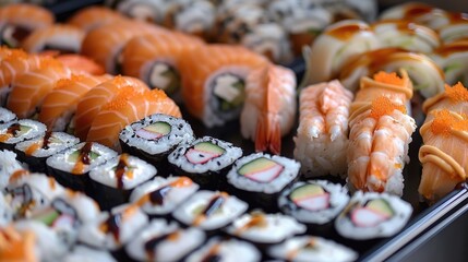 Wall Mural - An automated sushi-making machine preparing a variety of rolls and nigiri