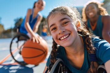 A young girl in a wheelchair smiles brightly as she participates in a basketball game with her friends