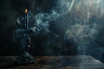 A low-angle shot of an ornate candlestick holder with a burning candle and wisps of smoke rising from the flame on a rustic wooden table