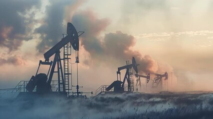 An oil well pump in misty morning light