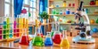 © Man888 - Colorful beakers, test tubes, and a microscope surround a cluttered table, illustrating a fun and educational science experiment in a child's playroom or classroom setting.