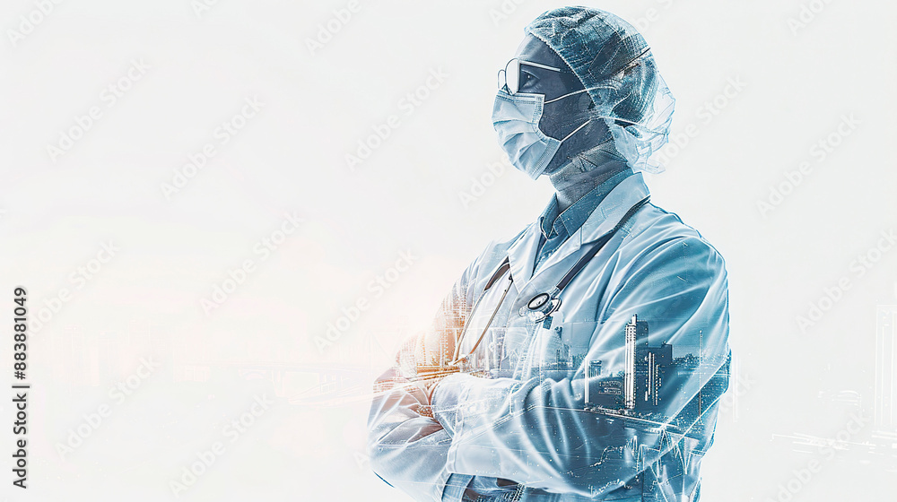 Doctor in medical uniform with stethoscope over cityscape background