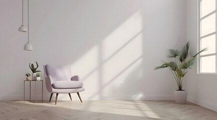 Wall Mural - white wall with light wood floors and a pastel purple armchair