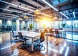 © Man888 - Modern blurred office interior space with empty chairs and tables, fluorescent lighting, and abstract shapes, conveying a sense of business and professionalism atmosphere.