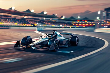 A race car speeding around a track, the tires gripping the asphalt, the car's design aerodynamic and futuristic, grandstands and lights in the background blurred by the speed