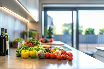 Wall Mural - A minimalist Scandinavian-inspired kitchen with bright natural light, showcasing fresh vegetables, including tomatoes, peppers, and herbs, on a clean countertop