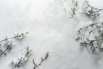Wall Mural - white flowers on branches against a soft, textured white background