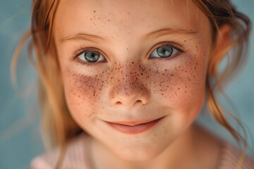 Wall Mural - A close-up portrait of a young girl with freckles, looking directly at the camera with a shy smile. The image is shot from a low angle, with the girl's face filling most of the frame