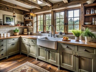 Rustic English frame kitchen cabinets adorned with ornate metal hardware flank a large farmhouse sink in a cozy dark-toned country house style cottage interior.