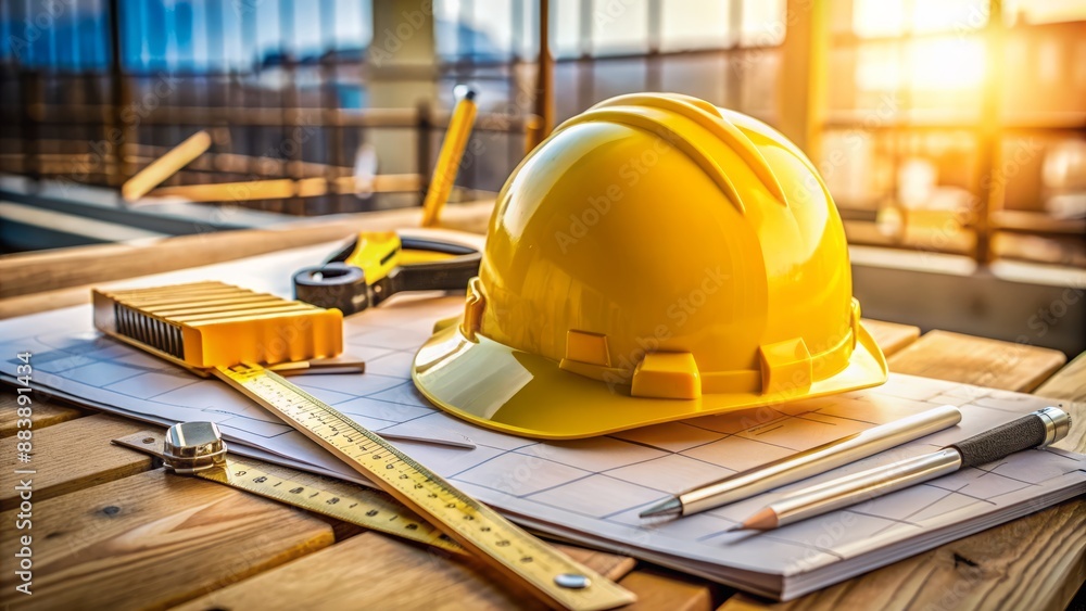 Digging Safety Equipment Ruler Yellow hard safety helmet and engineering tools including blueprint ...