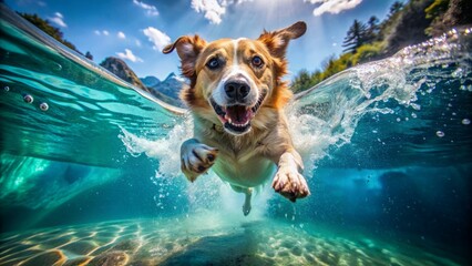 Wall Mural - a smiling dog jump into a water, underwater photography