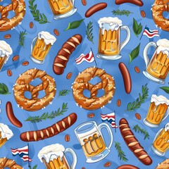 Wall Mural - Seamless Oktoberfest pattern featuring pretzels, beer mugs, sausages, and Bavarian flags on a blue background.