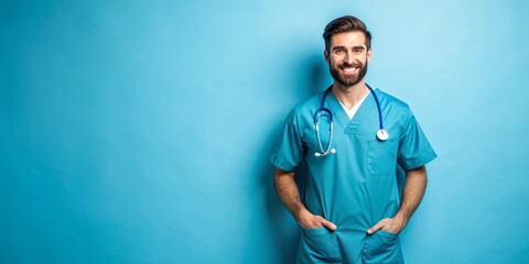 Portrait of a smiling happy male medical doctor or nurse standing isolate on blue background, Medical concept.