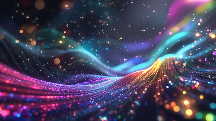 Wall Mural - abstract flowing fluid light particles purple and blue on black background in concept technology, sc