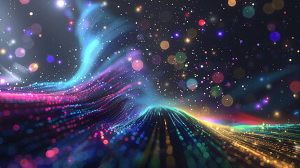 Wall Mural - abstract flowing fluid light particles purple and blue on black background in concept technology, sc