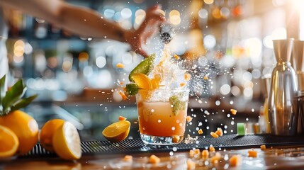 Wall Mural - Busy Bartender Crafting Cocktails Behind a Bustling Bar Top