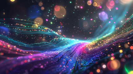 Wall Mural - abstract flowing fluid light particles purple and blue on black background in concept technology, sc