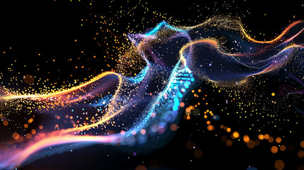 Wall Mural - abstract flowing fluid light particles purple and blue on black background in concept technology, sc