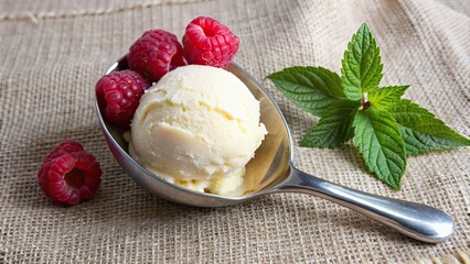 Wall Mural - Vanilla ice cream scoop with raspberries and a leaf , vanilla, ice cream, scoop, raspberries, leaf, dessert, sweet, summer