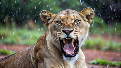 Canvas Print - Lioness baring teeth in the rain at South African National Park , Lioness, teeth, danger, aggressive, wildlife, nature, predator