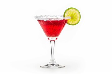 Refreshing red cocktail with lime garnish on clean white background, perfect for summer enjoyment