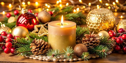 Canvas Print - Christmas candle surrounded by festive decorations , holiday, celebration, ornaments, glowing, flickering, traditional, seasonal