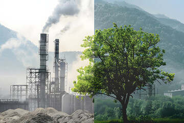 Wall Mural - Tree on the background of nature and industrial plant. Human influence on nature. Air pollution and purification. Mountains. Environmental concept. The antithesis.