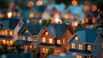 Sticker - A close-up of a miniature neighborhood with the lights on inside the houses. AI.