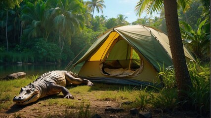 Wall Mural - Camping in the jungle can be dangerous. AI.