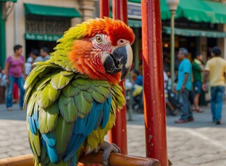 Poster - A close-up of a parrot with bright green, red, and blue feathers. AI.