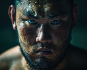 Poster - Portrait of a determined young man with intense eyes. AI.