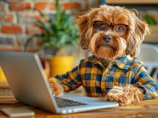 Canvas Print - A dog wearing a plaid shirt and glasses is sitting at a desk and using a laptop. AI.