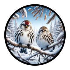 A circular 3D rendered watercolor painting of a male and female Hoary Redpoll , perched on a tree limb, isolated on a transparent background